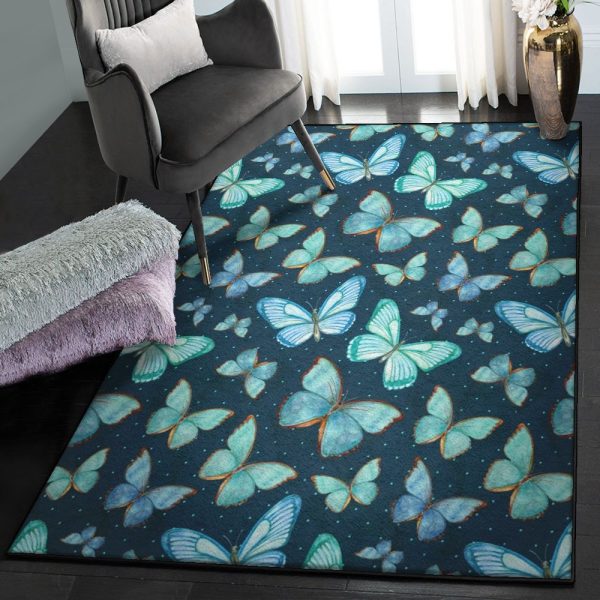 Watercolor Pattern Watercolor Blue Butterfly Rug Rectangle Rugs Washable Area Rug Non-Slip Carpet For Living Room Bedroom