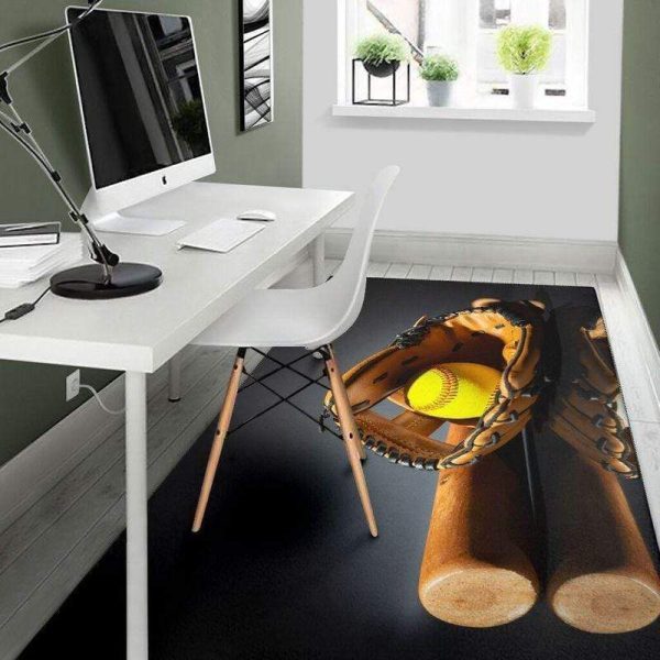 Softball Bat And Ball In Glove Rectangle Rug Carpet Washable Rugs - Image 2