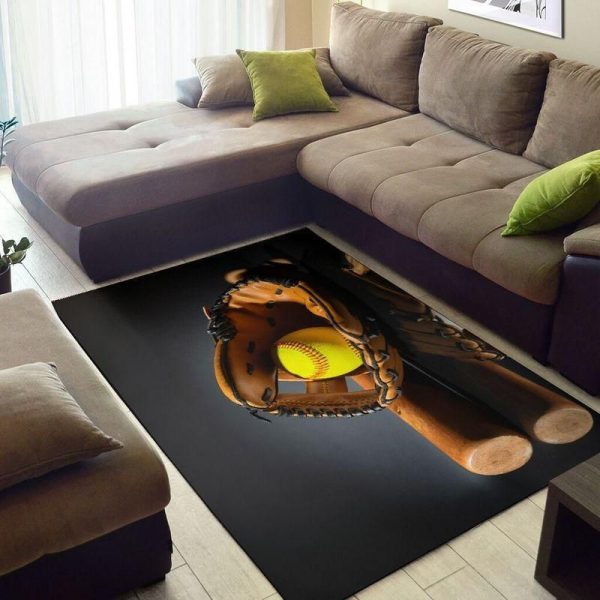 Softball Bat And Ball In Glove Rectangle Rug Carpet Washable Rugs