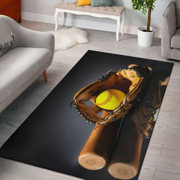 Softball Bat And Ball In Glove Rectangle Rug Carpet Washable Rugs - Image 3