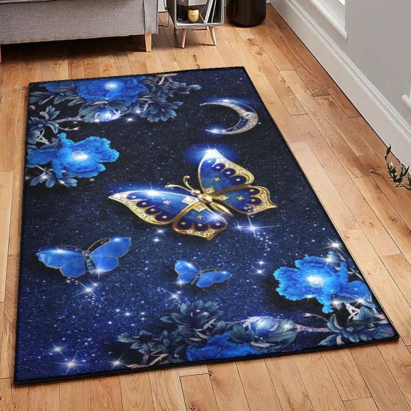 Monarch Bedroom Rugs Butterfly And Blue Flowers Rug Rectangle Rugs Washable Area Rug Non-Slip Carpet For Living Room Bedroom