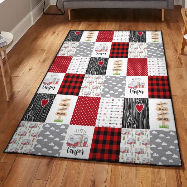 Camping Kitchen Rugs Happy Camper Rug Rectangle Rugs Washable Area Rug Non-Slip Carpet For Living Room Bedroom