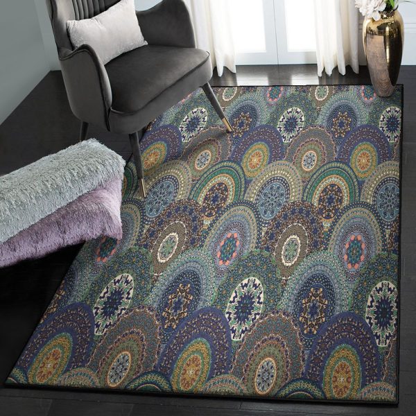 Wheel Dining Room Rug 3D Mandala Wheel Rug Rectangle Rugs Washable Area Rug Non-Slip Carpet For Living Room Bedroom