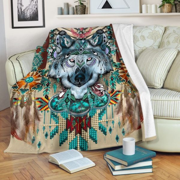 Native Wolf Header Fleece Blanket Gift Fleece Blanket